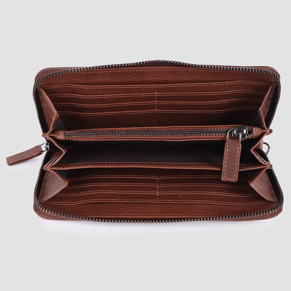 ADBGM394 Saddle Brown Zip-Around Leather Wallet Wristlet - American Darling