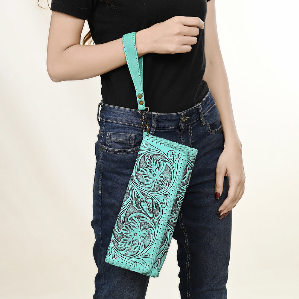 ADBG1106 American Darling Hand-Tooled Leather Western Wristlet Handbag Genuine Leather Floral Carved Wristlet