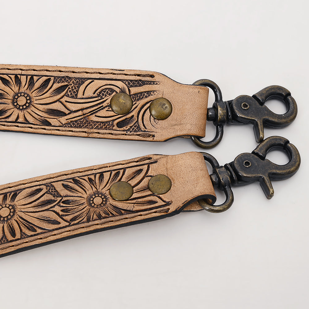 ADBT144 Hand-Tooled Floral Leather Bag Strap with Western Buckle - Adjustable Replacement Strap