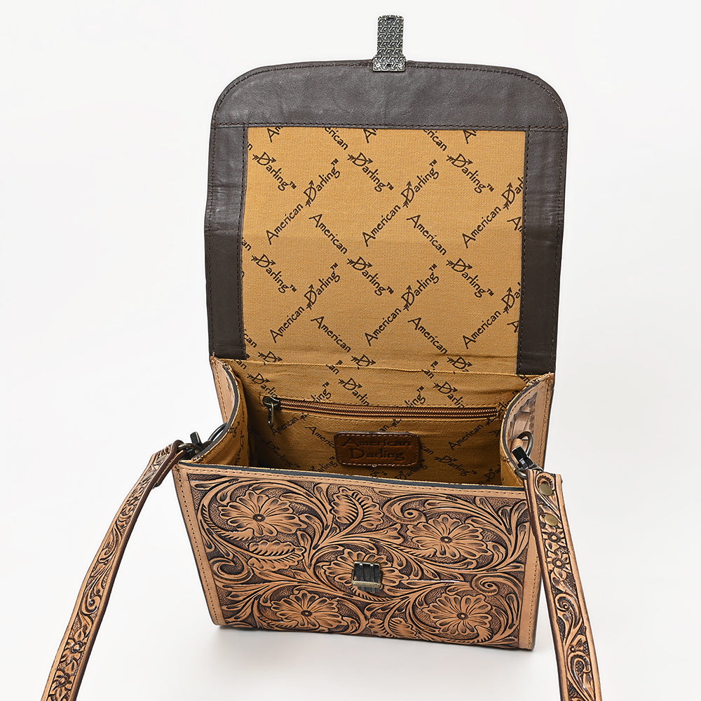 ADBG1428 American Darling Handcrafted Western Leather Messenger Bag with Floral Tooling - Genuine Leather Crossbody