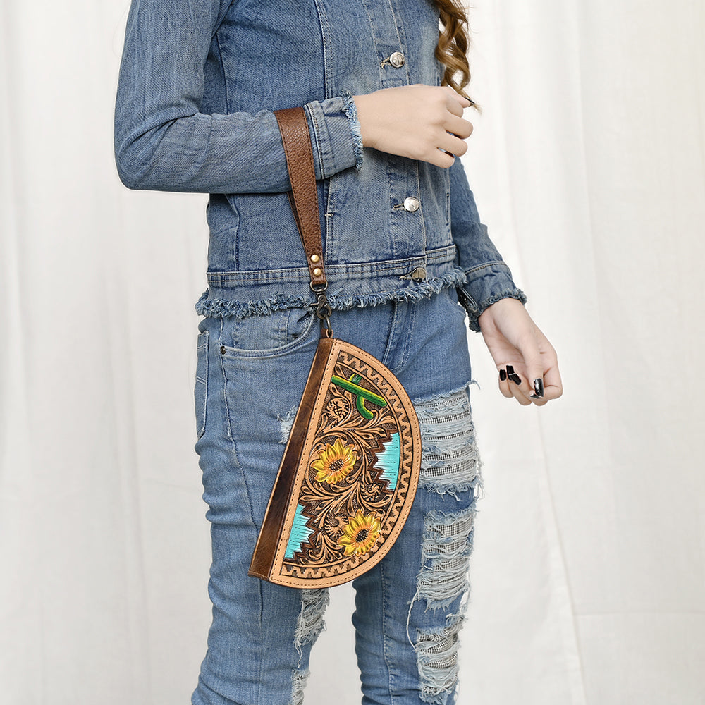 ADBG1433 American Darling Hand-Tooled Genuine Leather Western Taco Bag - Floral Carved Artisan Wristlet