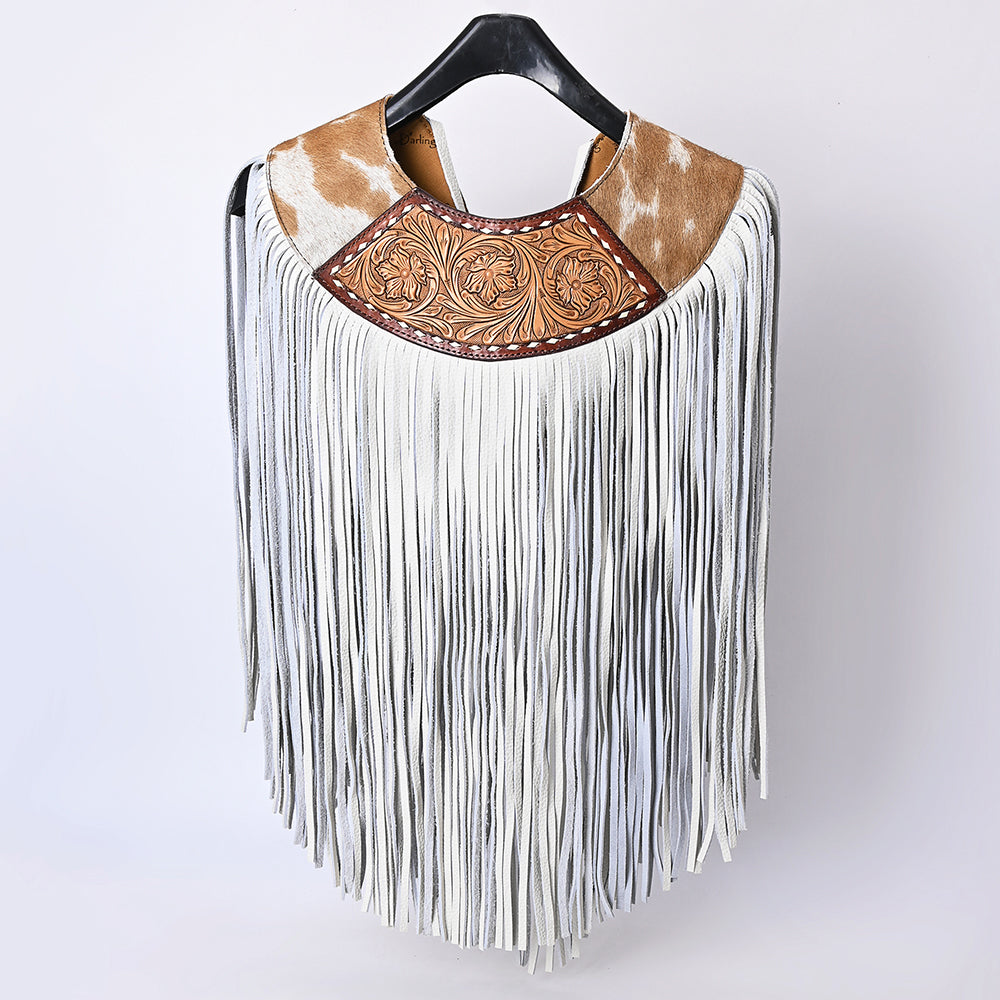 ADJW111 Western Fringe Shoulder Yoke with Hand-Tooled Leather & Cowhide Accent Jewelry Necklace