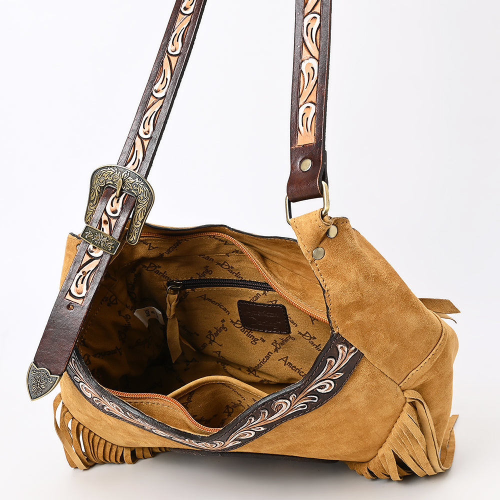 ADBGA419 American Darling Genuine Leather Fringed Crossbody Bag Hand Tooled Floral Carved