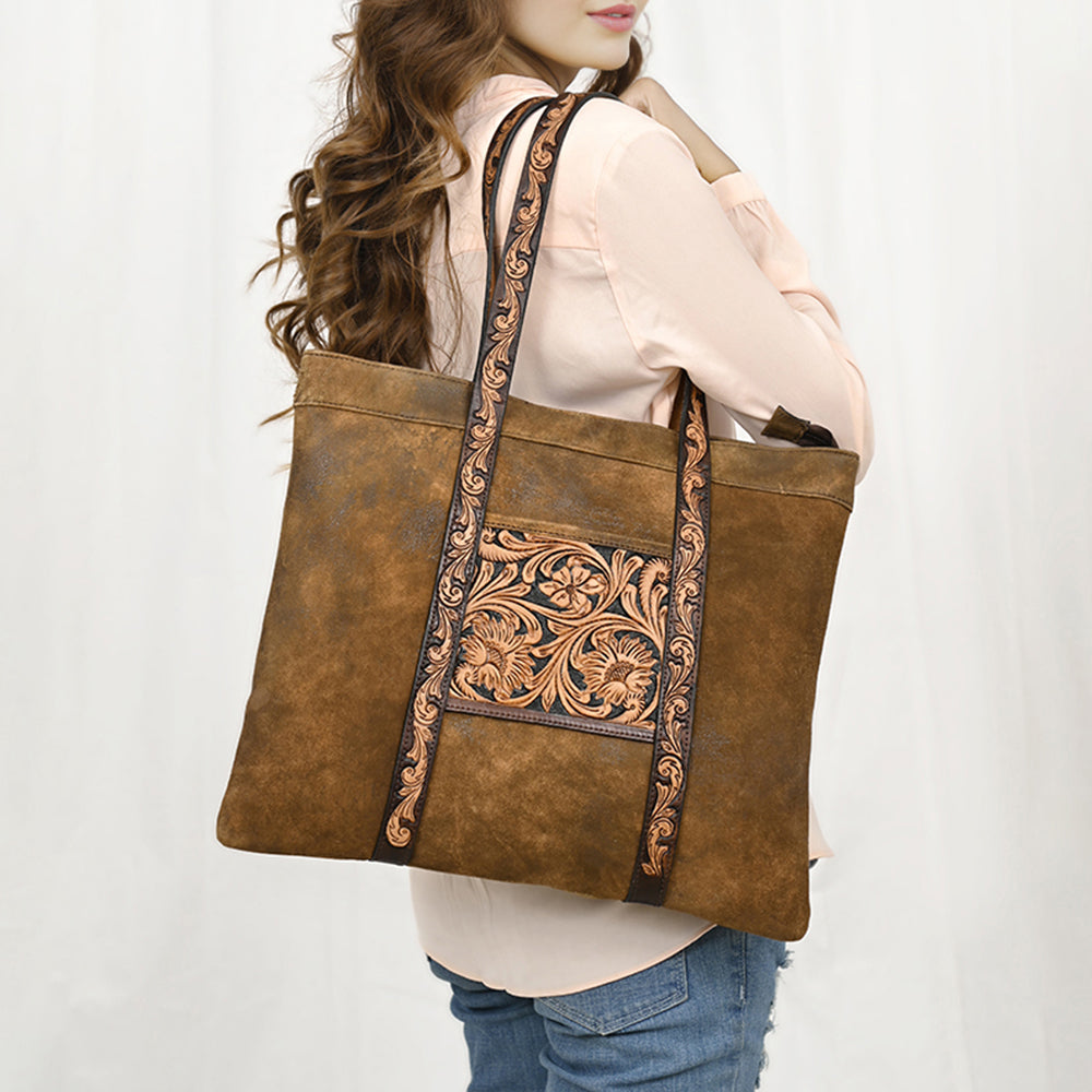 ADBGA479 American Darling Genuine Suede Leather Hand Tooled Floral Carved Tote Bag Western Purse