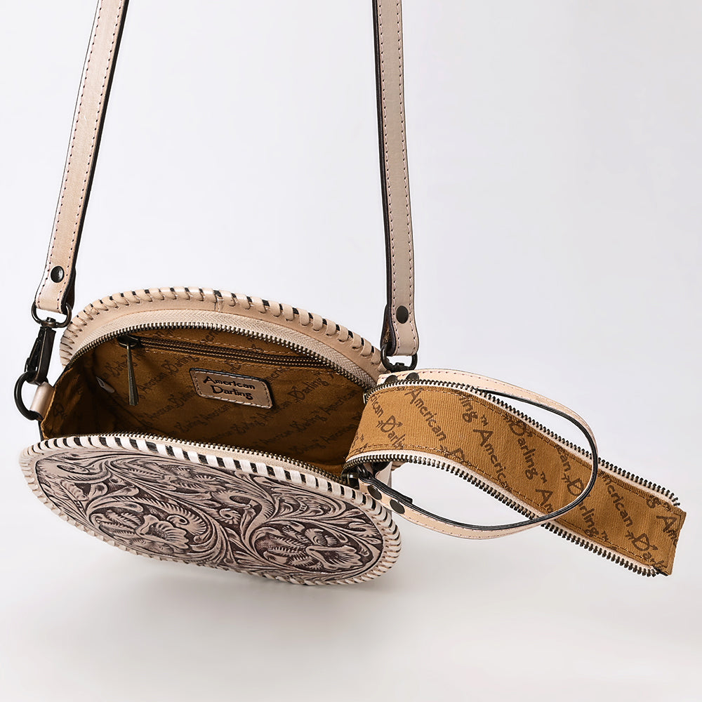 ADBGZ830 Round Hand-Tooled Leather Canteen Bag - Western Floral Circle Purse