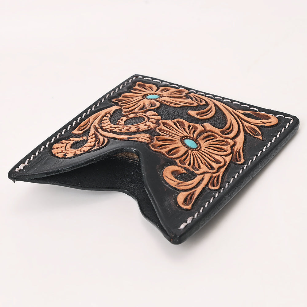 ADCCF115 Black Leather Western Card Holder - Hand-Tooled Floral Design with Turquoise Accents