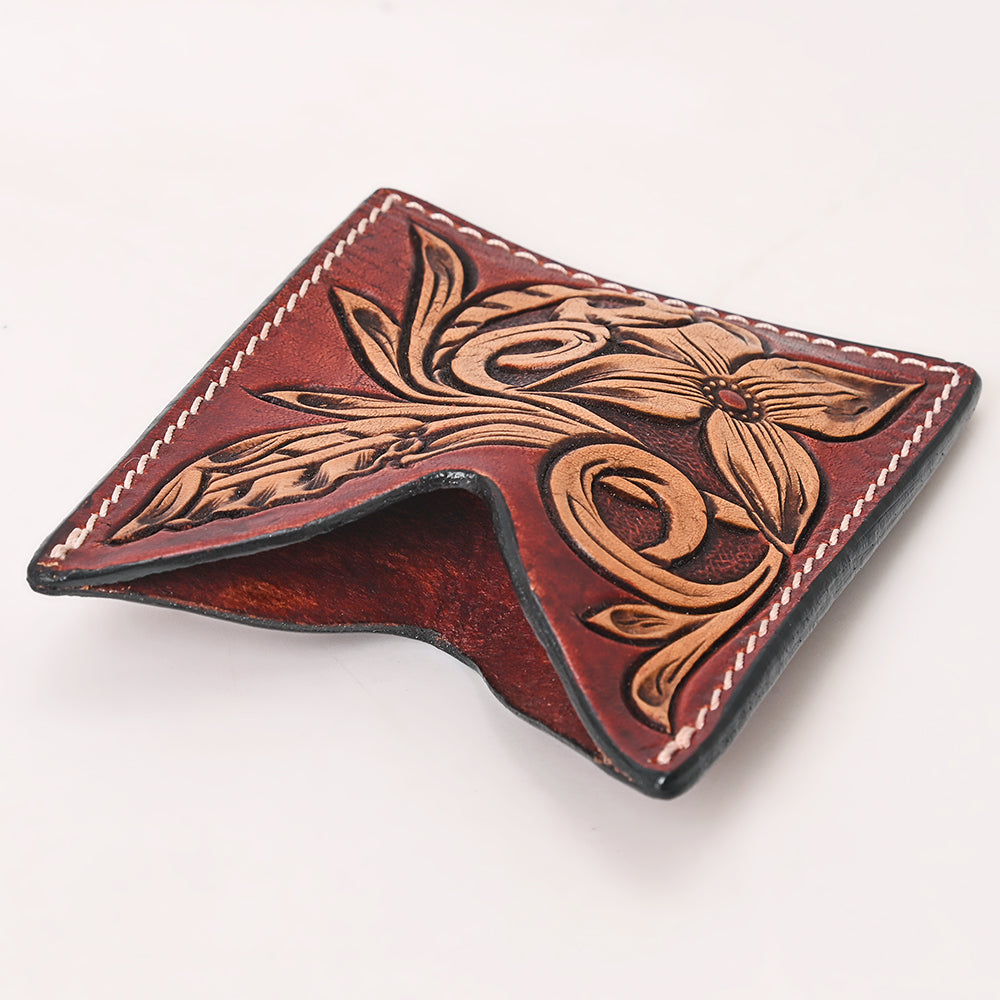 ADCCF117 Red Floral Hand-Tooled Leather Card Holder - Western Boot-Top Scroll Design