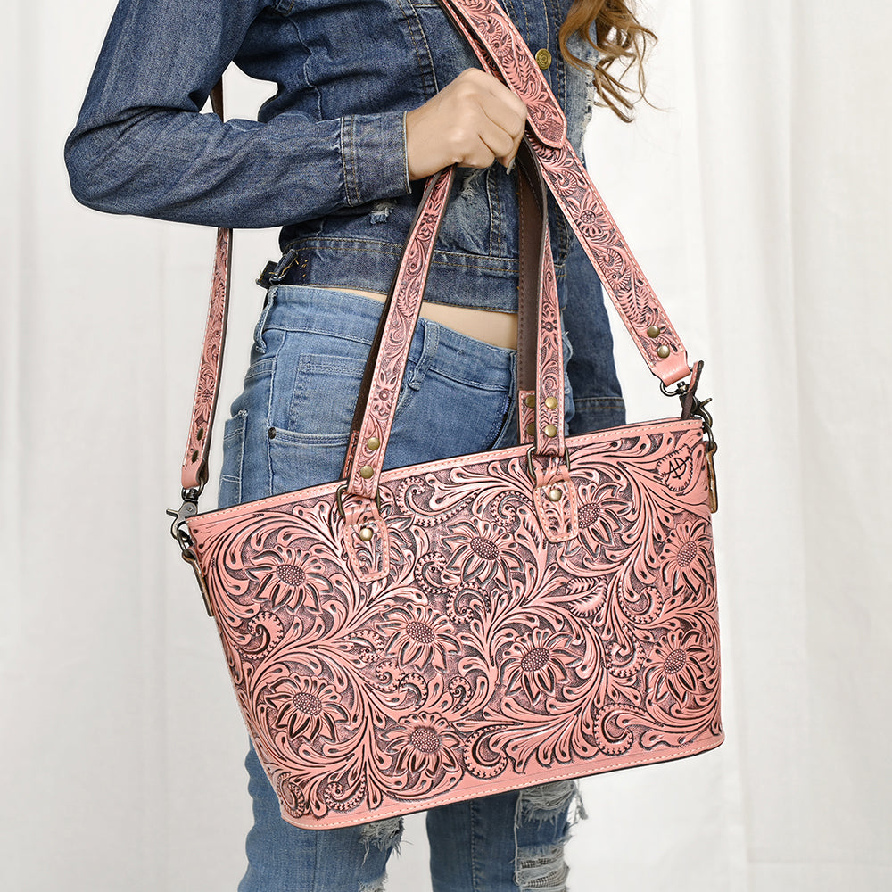 ADBG1141 American Darling Artisan Floral Tooled Leather Tote Bag with Long Handles and Strap