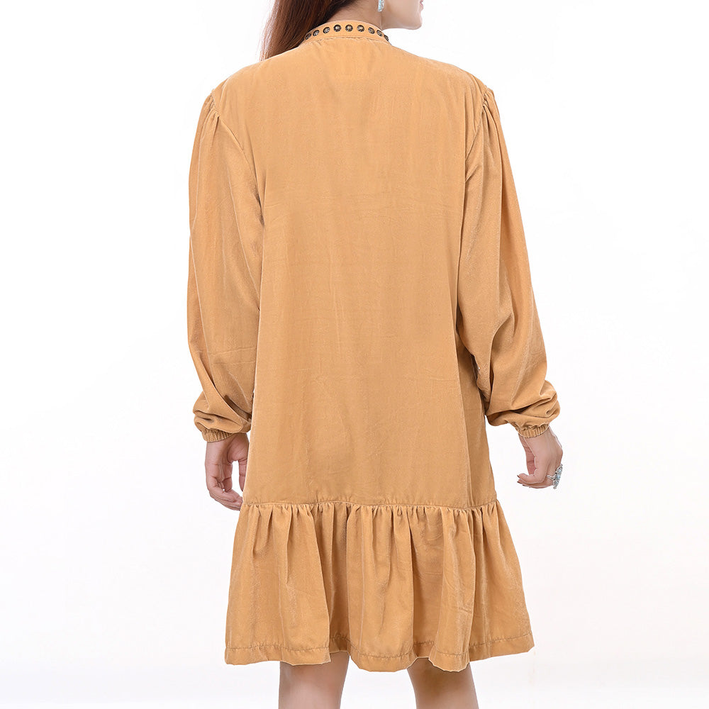 ADDR005 Women's Mustard Velvet Western Dress with Studded Yoke