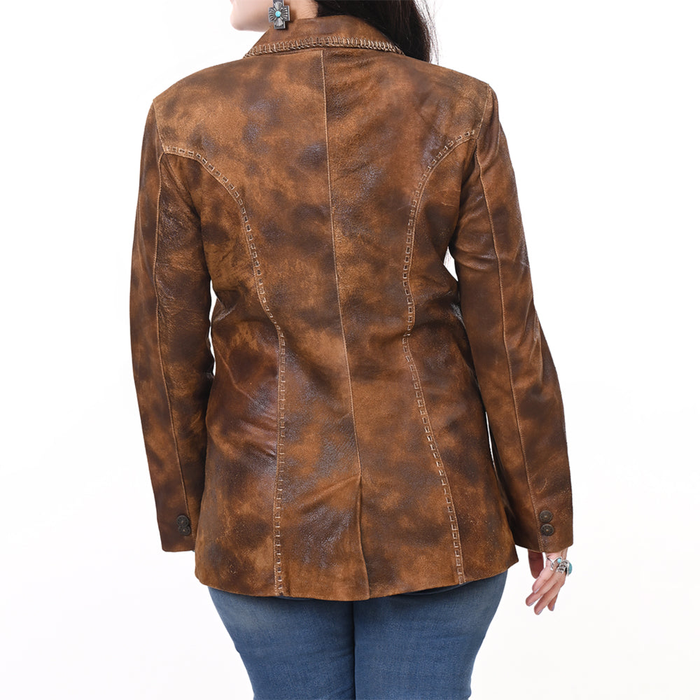 LC-ADJKTLTR01 Women's Distressed Brown Leather Western Blazer Jacket with Whipstitch Detailing