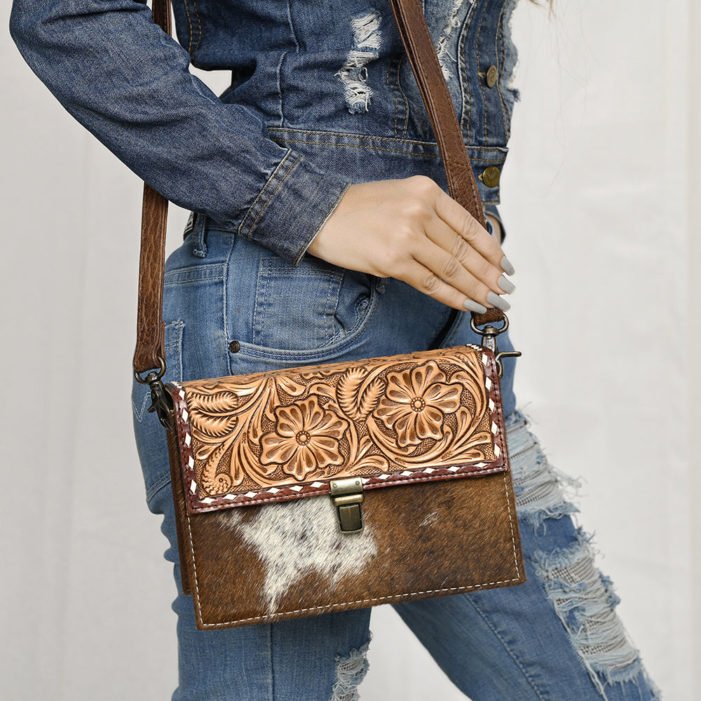 ADBG1465 American Darling Western Leather Small Cross Body Bag with Hand-Tooled Floral Detailing & Cowhide Panel