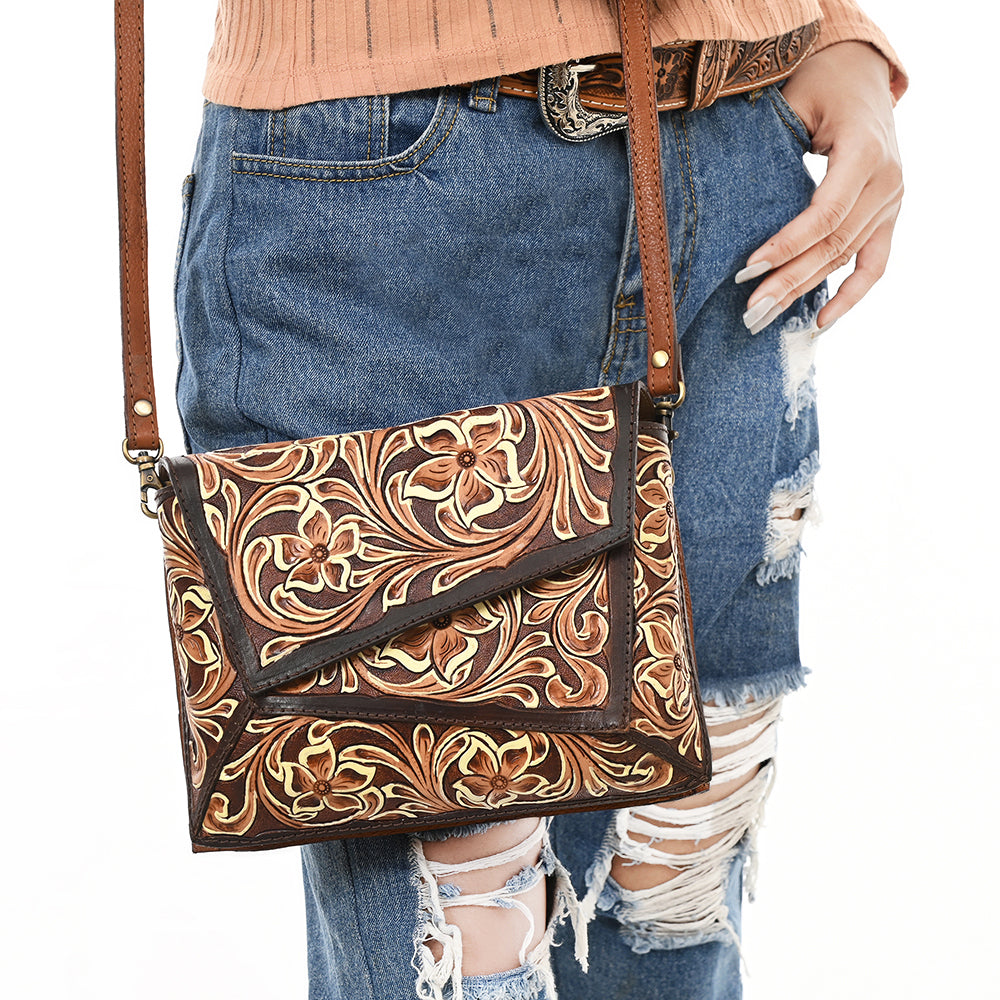 ADBGA560 American Darling Hand-Tooled Tri-Flap Leather Western Crossbody Bag Floral Design