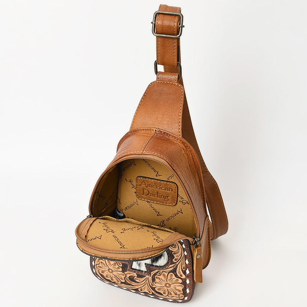 ADBG1481 American Darling Western Leather Sling Bag with Hand-Tooled Floral Carving - Genuine Leather