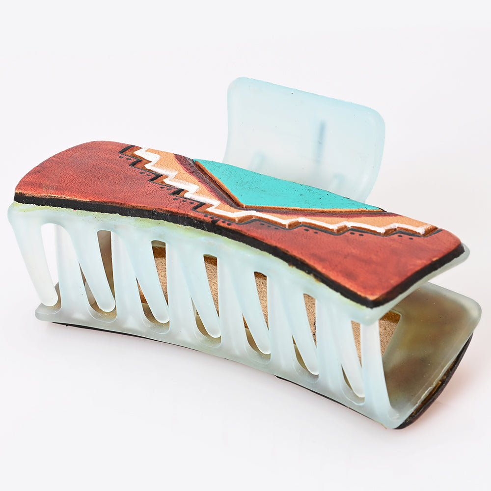 ADHC104 Southwestern Turquoise & Rust Leather Hair Band Clip Clutcher - Hand-Painted by American Darling