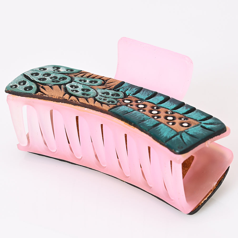 ADHC108 Cactus & Turquoise Studded Leather Hair Band Clip Clutcher - Pink Base | American Darling