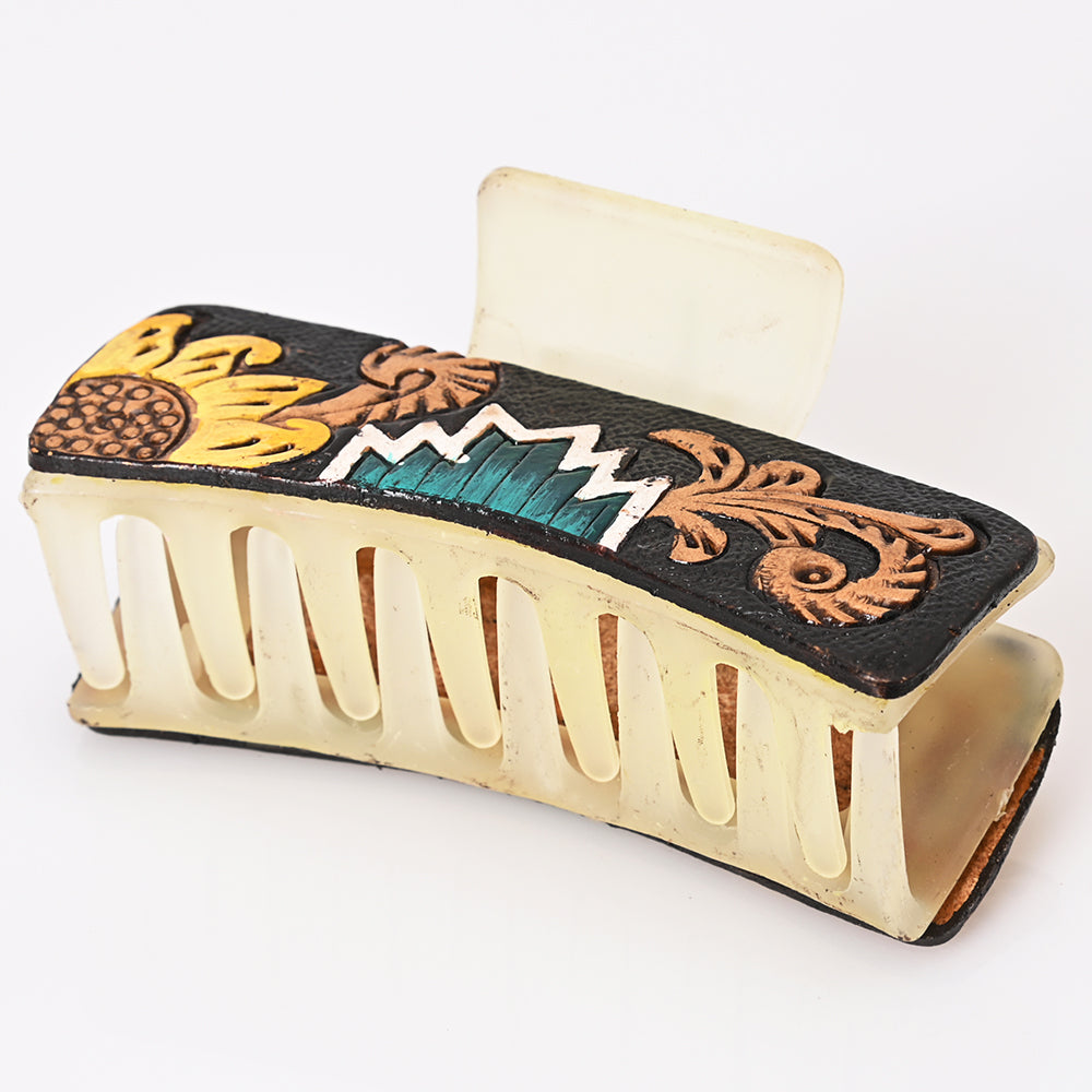 ADHC116 Sunflower & Mountain Tooled Leather Hair Band Clip Clutcher - Western Acrylic Clip | American Darling