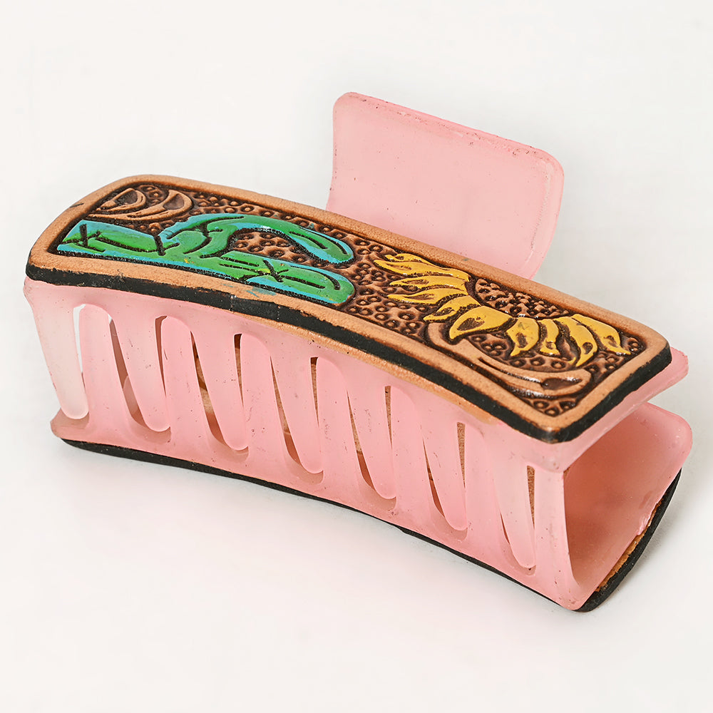 ADHC118 Sunflower & Cactus Tooled Leather Hair Band Pink Clip Clutcher - Western Pink Clip | American Darling