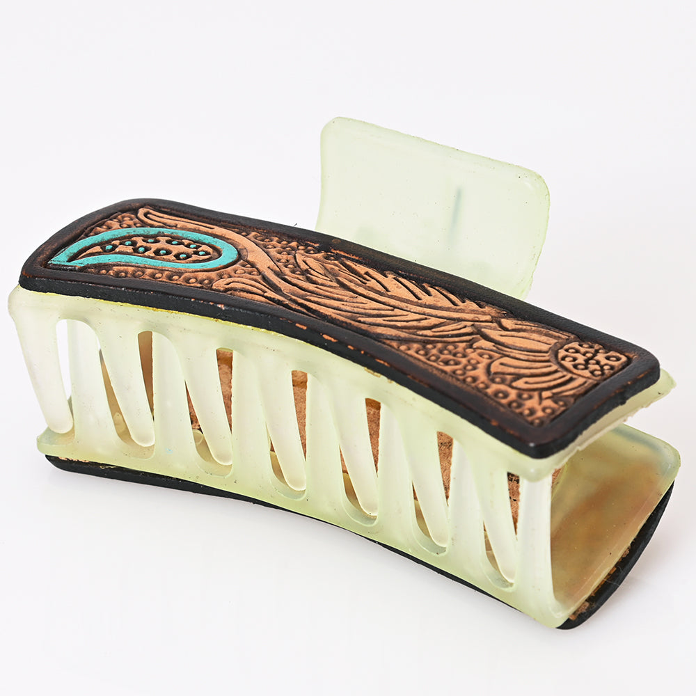 ADHC120 Western Paisley & Feather Tooled Leather Hair Band Clip Clutcher - Mint Green Claw | American Darling
