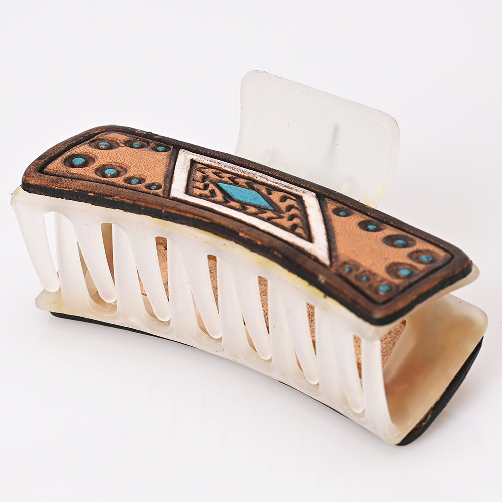 ADHC122 Geometric Turquoise & Copper Tooled Leather Hair Band Clip Clutcher | American Darling