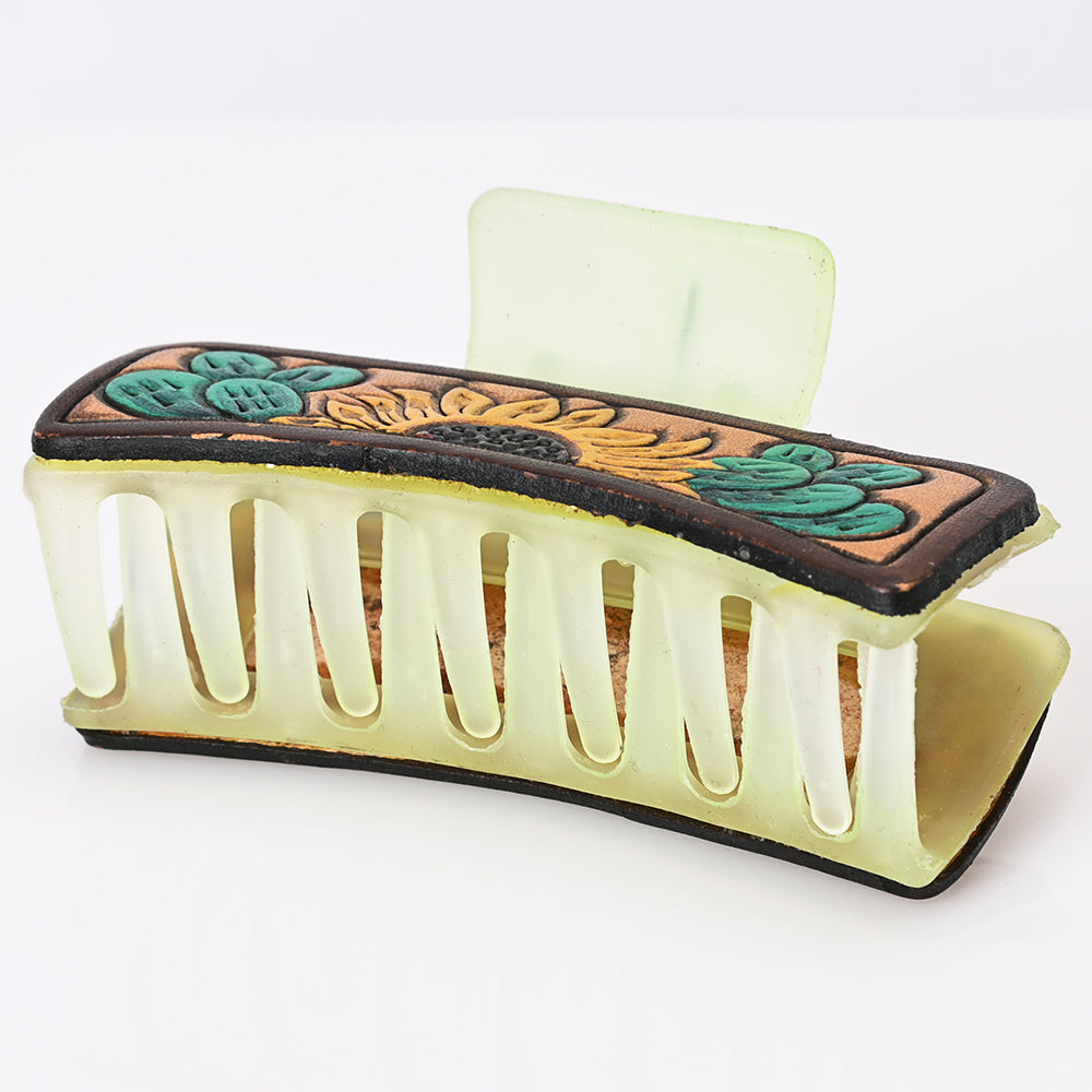 ADHC131 Tooled Leather Hair Band Clip Clutcher - Sunflower & Cactus Motif | American Darling