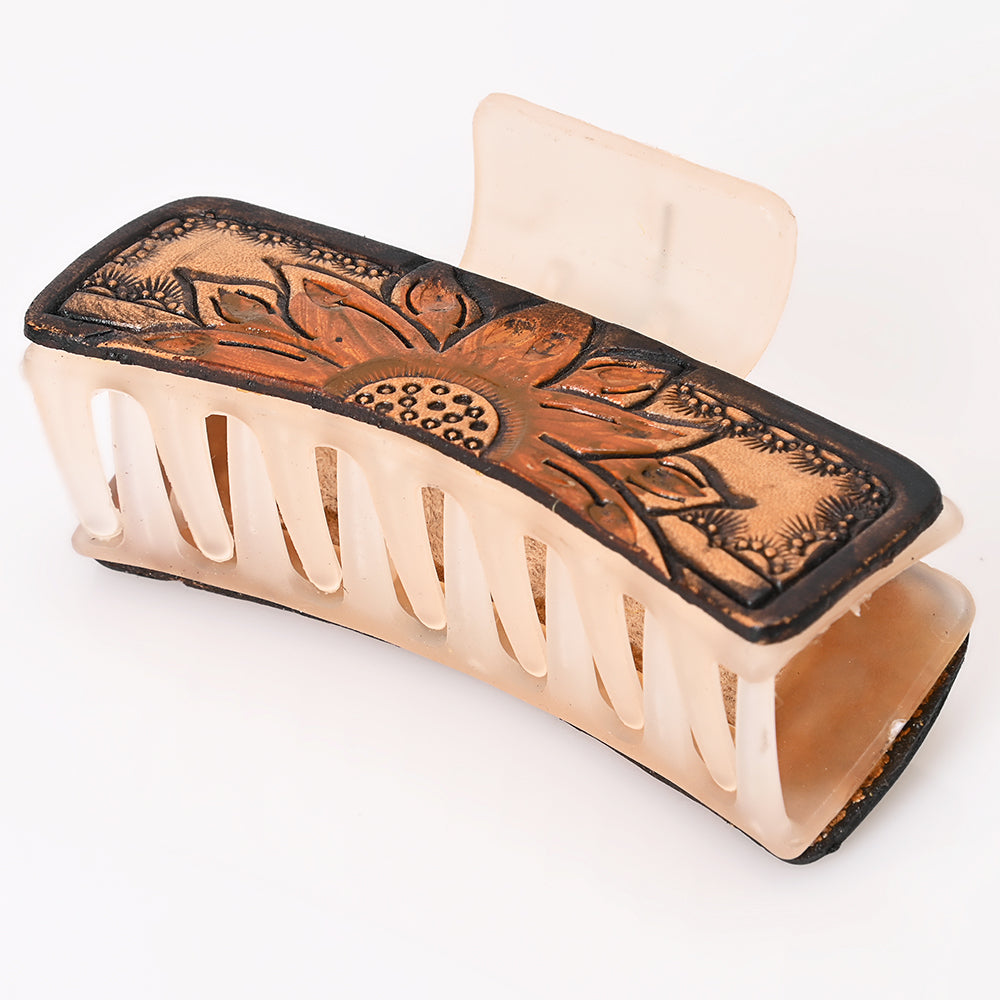 ADHC132 Tooled Leather Hair Band Clip Clutcher - Burnt Sunflower Design | American Darling