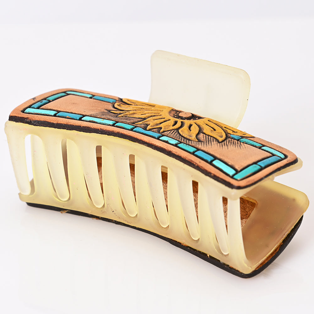 ADHC133 Tooled Leather Hair Band Clip Clutcher - Turquoise Border Sunflower | American Darling