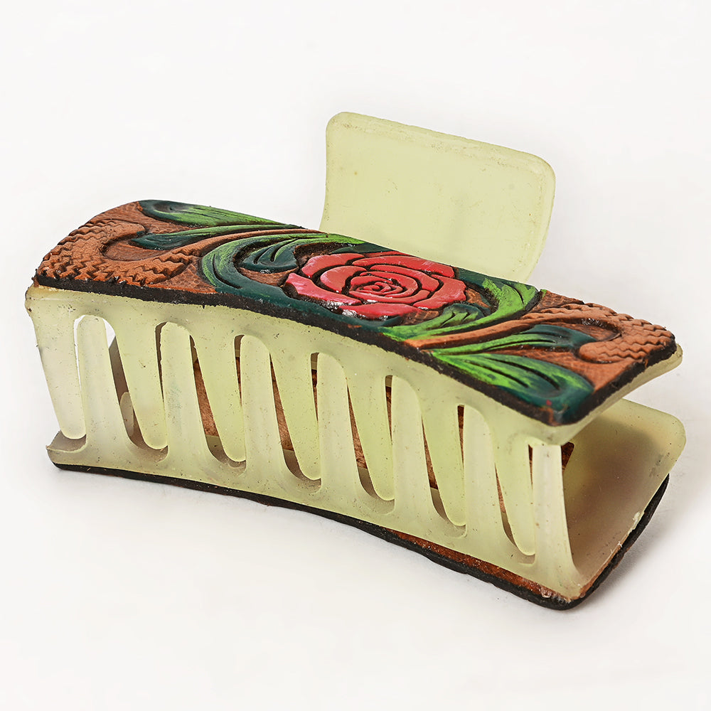 ADHC136 Tooled Leather Hair Band Clip Clutcher - Red Rose on Cream Claw | American Darling
