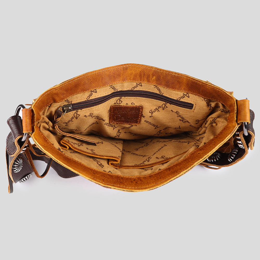 ADBGM418 Western Leather Fringe Messenger Bag with Turquoise Conchos & Braided Trim - American Darling