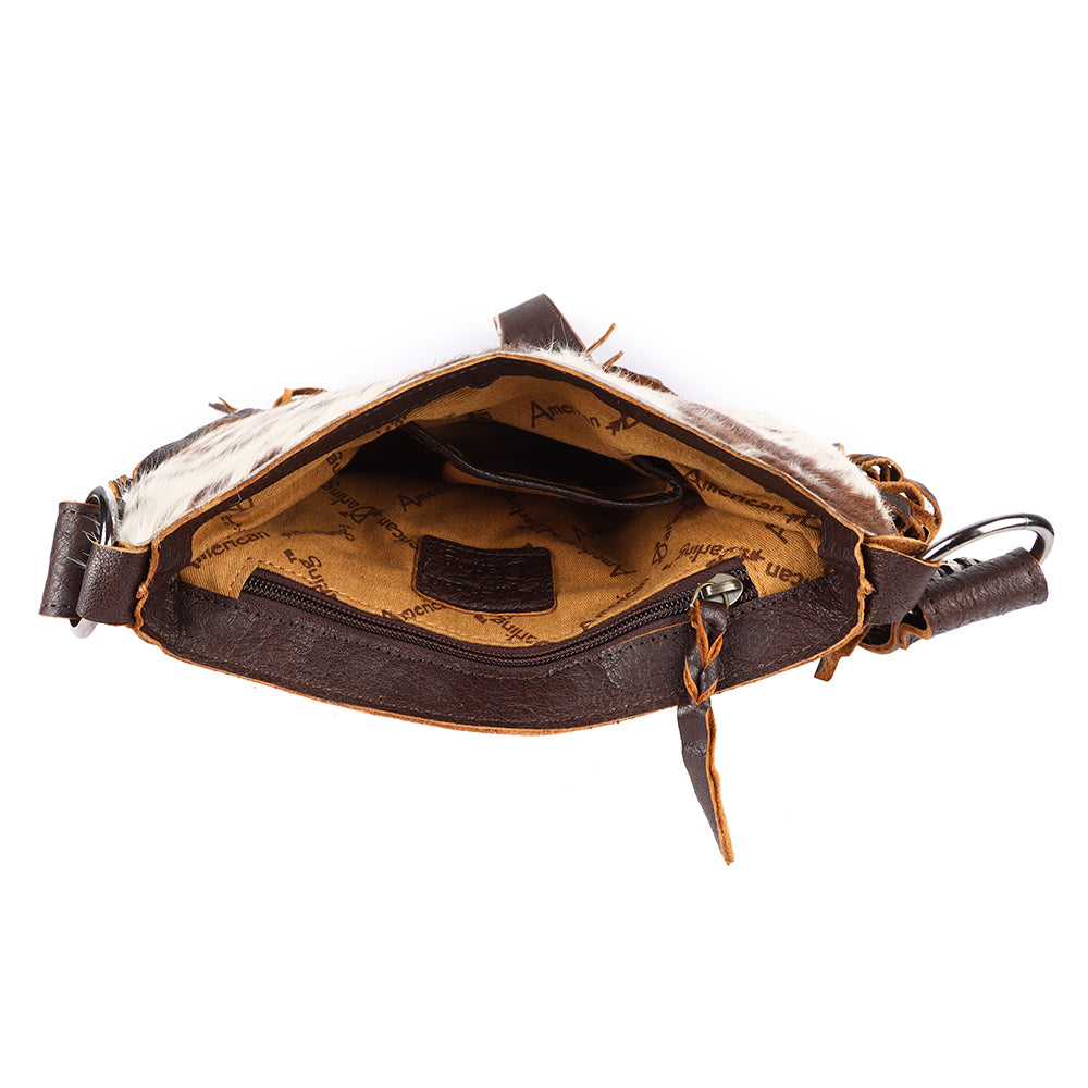 ADBGM419 Cowhide Leather Fringe Messenger Bag with Turquoise Concho & Braided Trim - American Darling