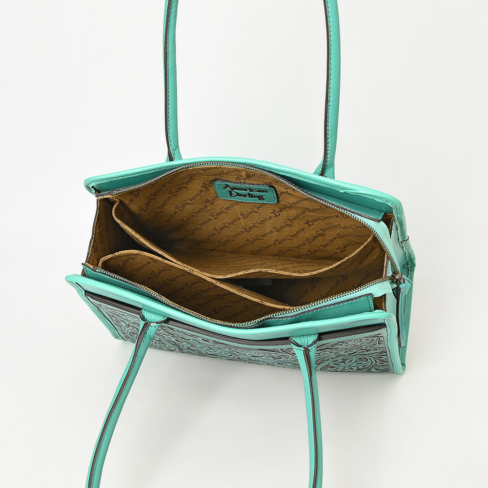 ADBGZ782 Structured Turquoise Leather Tote Handbag - Hand-Tooled Floral Western Panel