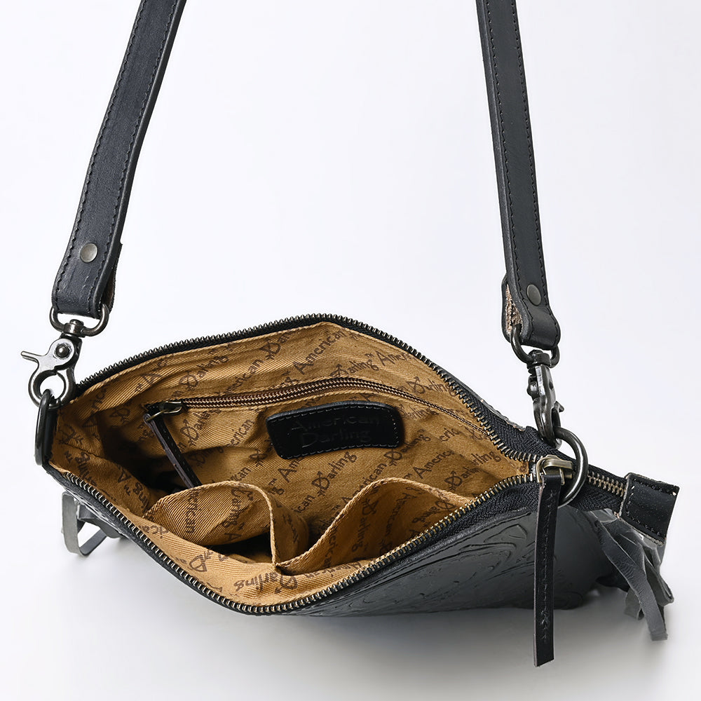 ADBGZ826A Black Hand-Tooled Leather Fringe Messenger Bag Western Saddle Style