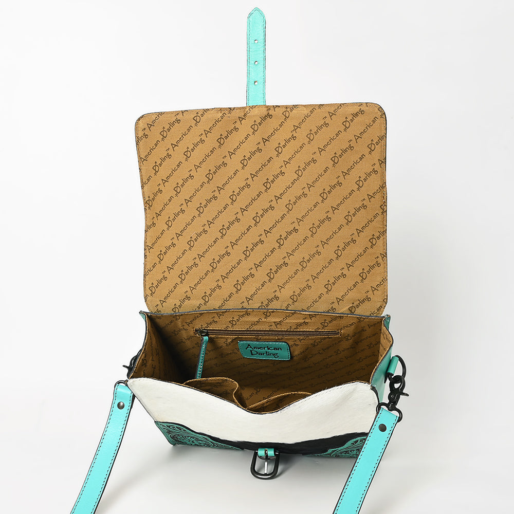 ADBGZ827 Cowhide & Hand-Tooled Leather Western Briefcase Bag - Natural Hair-On with Floral Accents