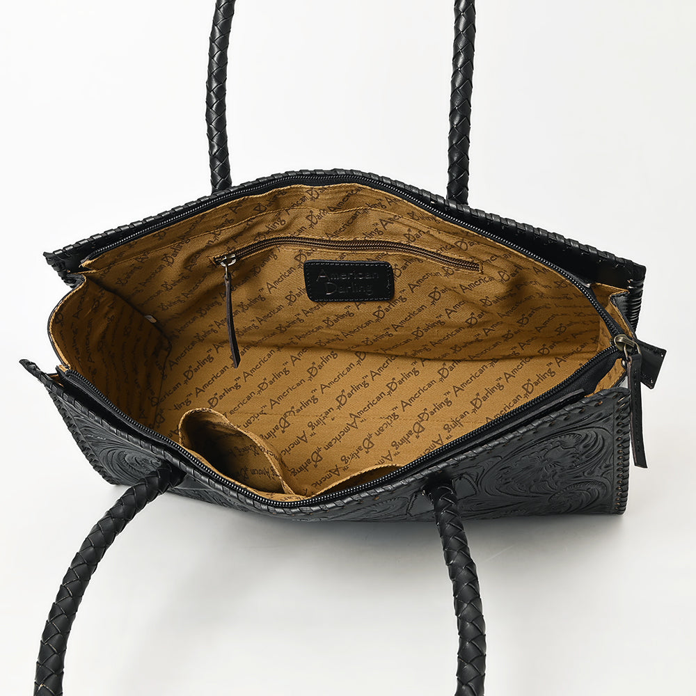 ADBGZ833A Black Hand-Tooled Leather Western Tote bag Braided Handles & Floral Carving