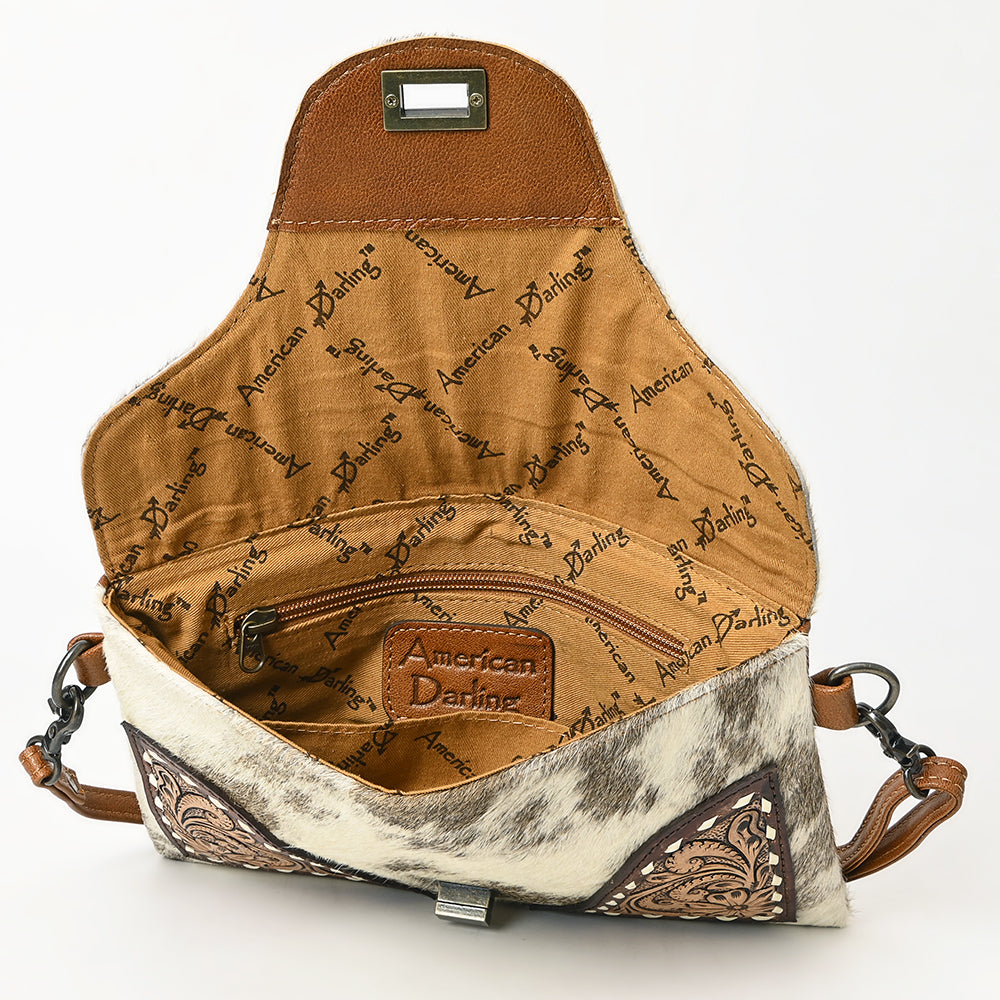 ADBG1497 American Darling Hair-on Cowhide Leather Envelope Bag - Hand-Tooled Floral Western Crossbody
