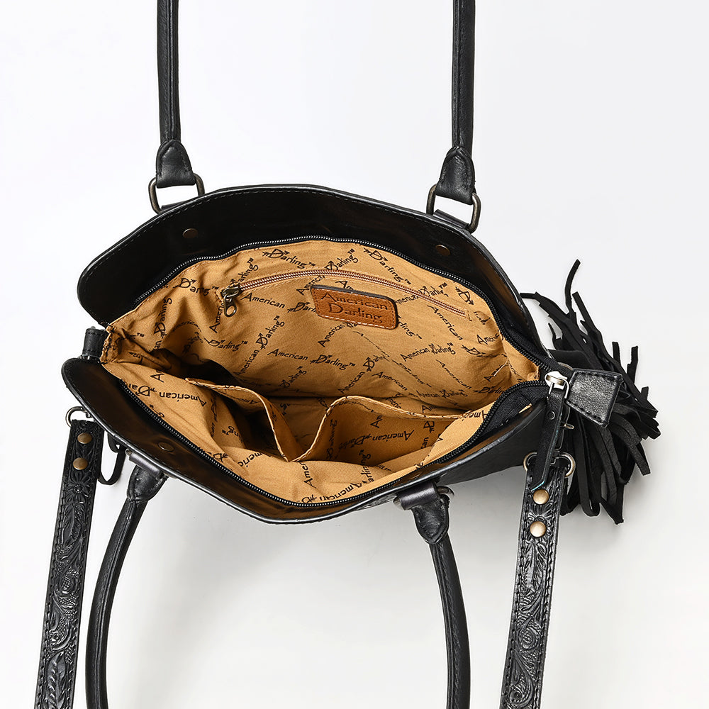 ADBG1501 American Leather Western Leather Tote Bag with Hand-Tooled Floral Panel & Fringe Details