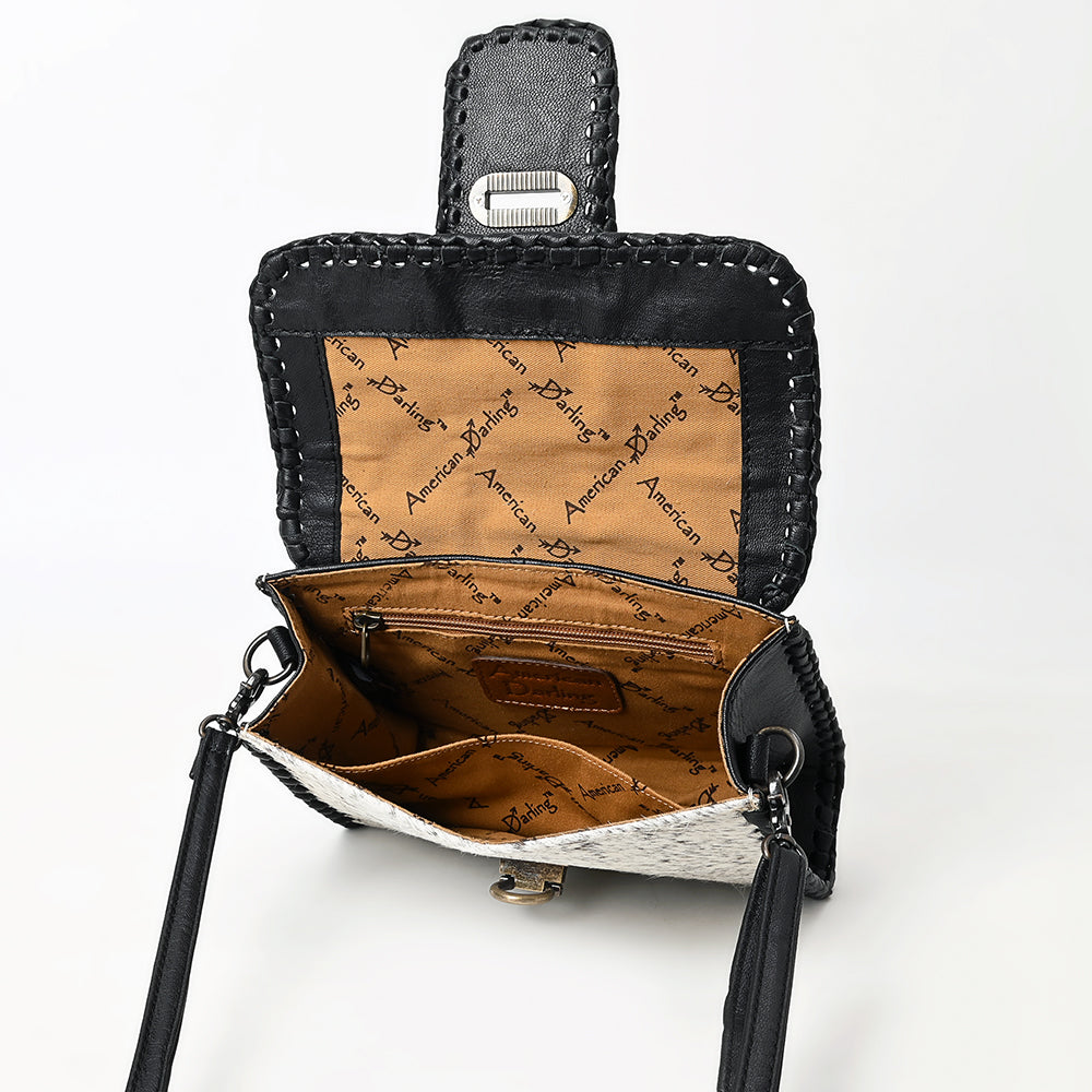 ADBG1503 American Darling Western Leather Small Cross Body Bag with Hair-On Cowhide & Tooled Panel