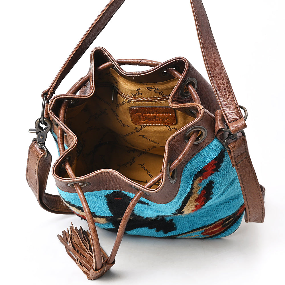 ADBG1512 American Darling Western Leather Bucket Bag Saddle Blanket Weave & Tassel Detail