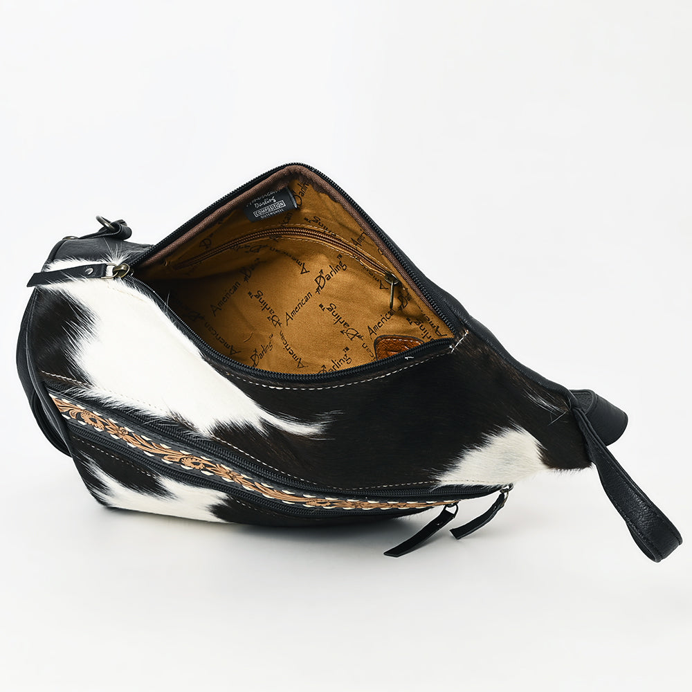 ADBG1514 American Darling Western Leather Sling Bag with Black & White Hair-On Cowhide & Hand-Tooled Accents