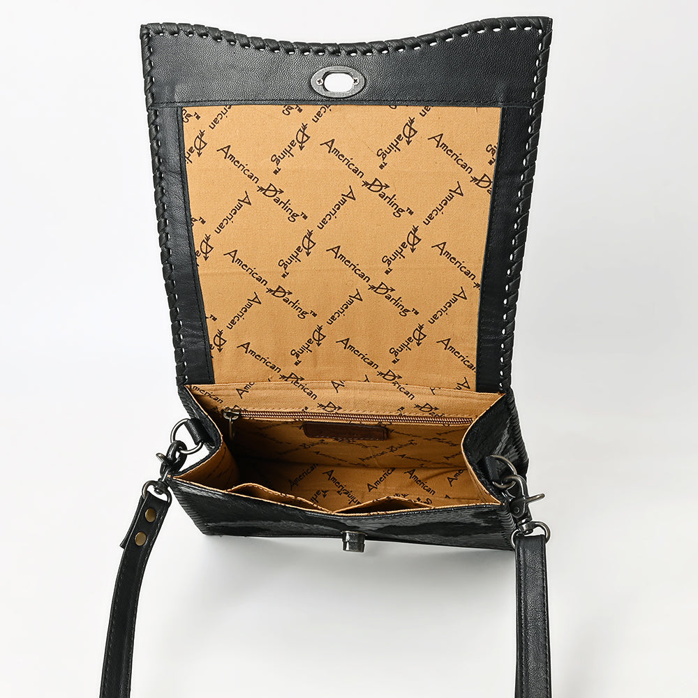 ADBG1516 American Darling Western Leather Messenger Bag with Hair-On Cowhide & Crocodile-Embossed Detailing