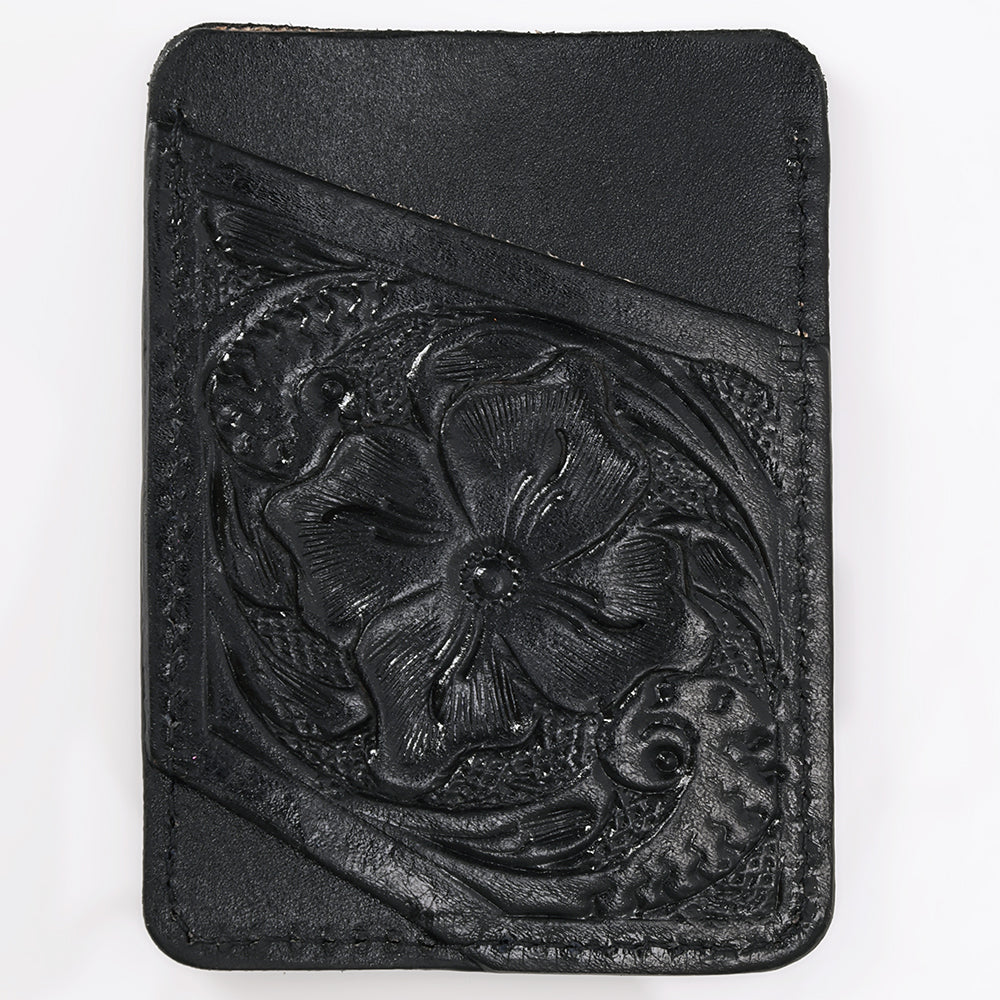 ADCCG108A Hand-Tooled Black Leather Card Holder - Western Floral Slim Vertical Wallet