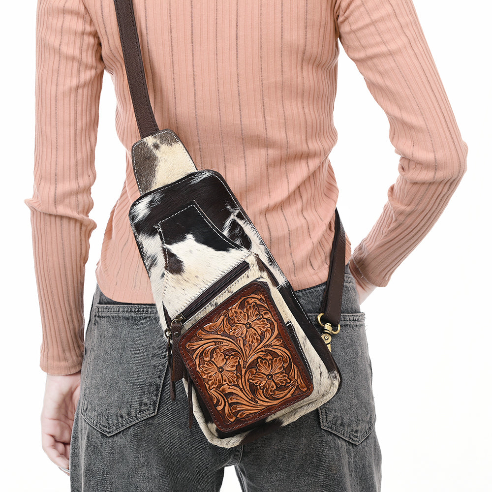 ADBGA579 Hair-On Cowhide Leather Sling Bag with Hand-Tooled Pocket Western Crossbody