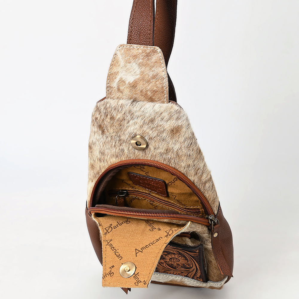 ADBGA580 American Darling Hand-Tooled Leather & Cowhide Sling Bag With Hand Tooled