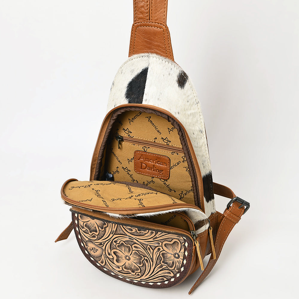 ADBG1521 American Darling Handcrafted Western Leather Sling Bag with Genuine Hair-On Cowhide & Tooled Front