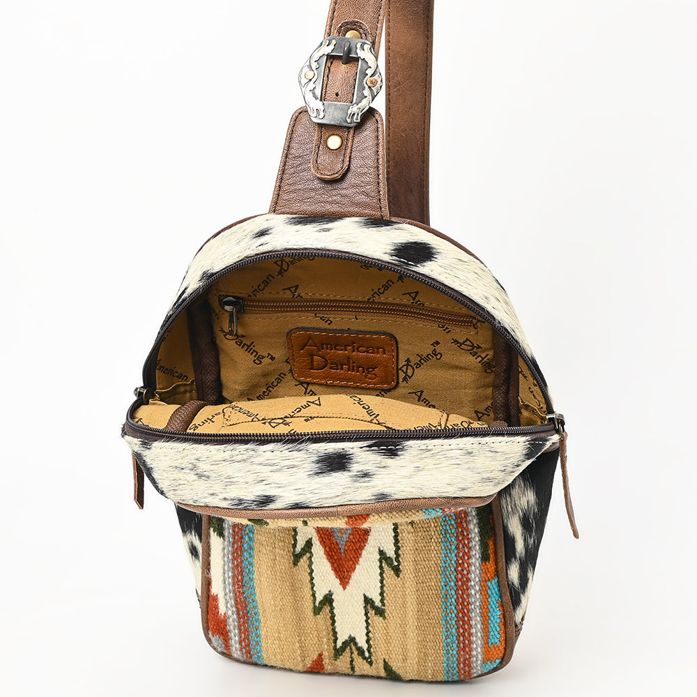 ADBG1522 American Darling Western Leather Sling Bag with Saddle Blanket Front and Genuine Hair-On Cowhide