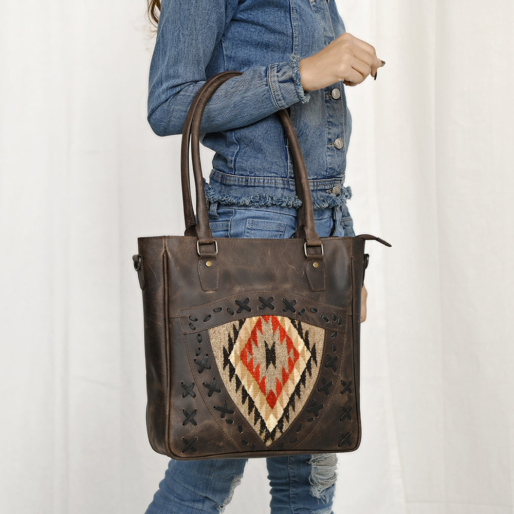 ADBG1523 American Darling Western Leather Tote Bag with Hand Woven Saddle Blanket Detail