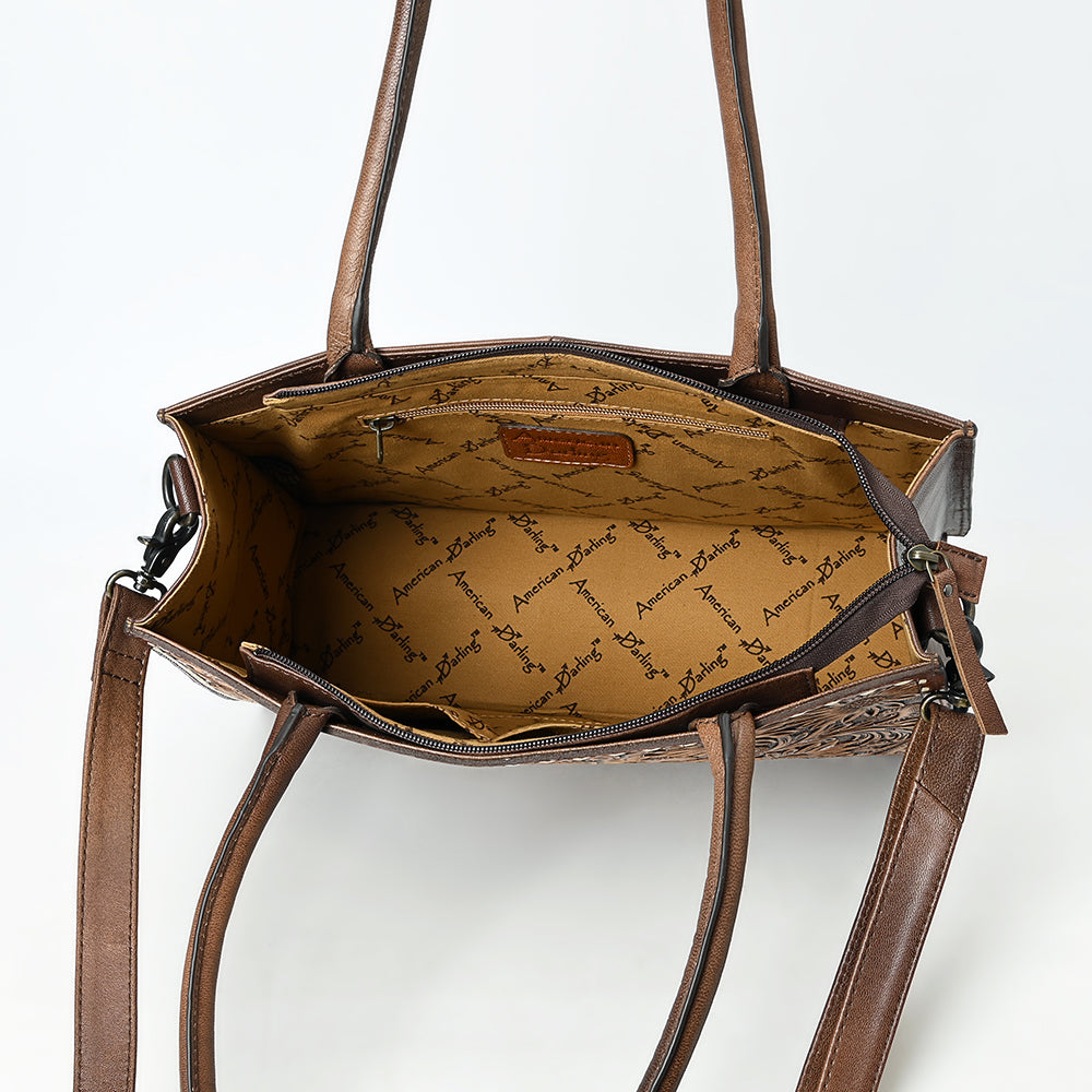 ADBG1525 American Darling Hand Tooled Western Leather Tote Bag with Floral Carving and Buck Stitching