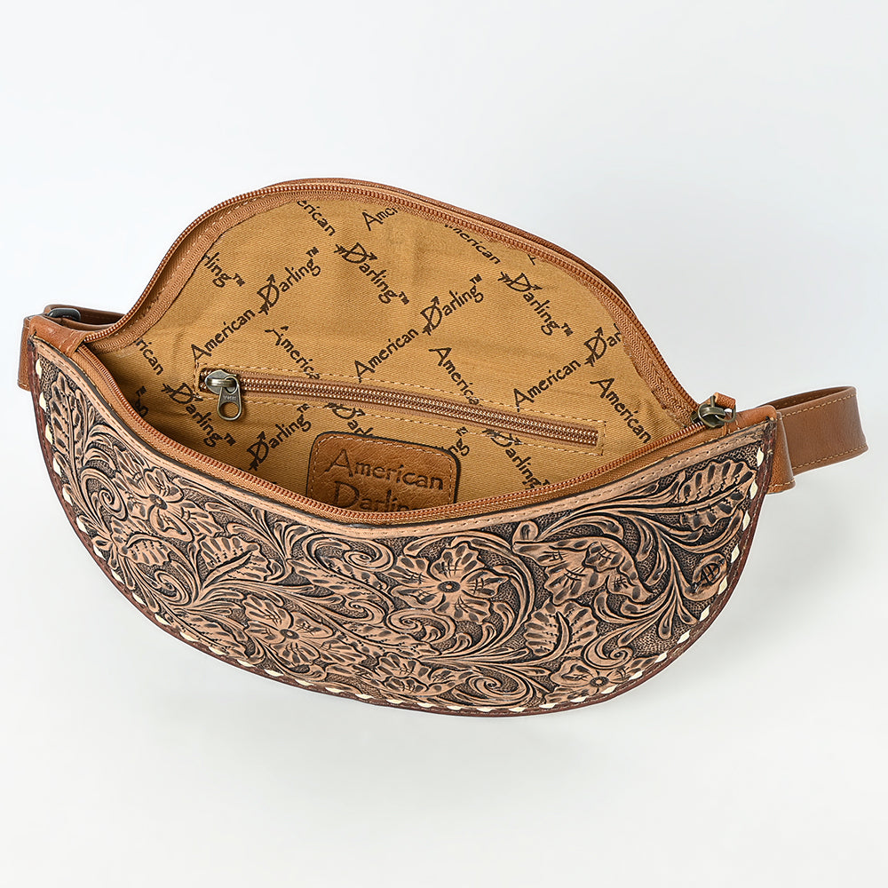 ADBG1531 American Darling Western Leather Fanny Pack with Hand-Tooled Floral Design - Genuine Full-Grain Leather