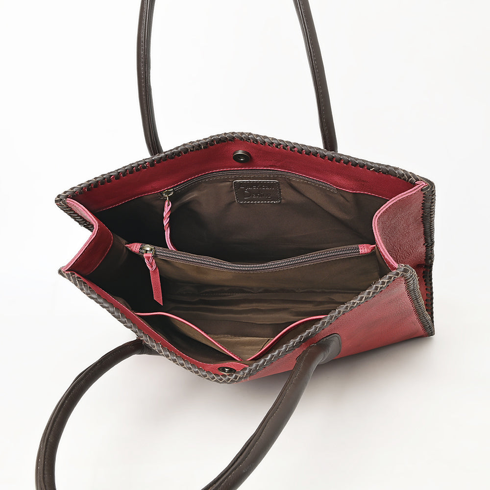 ADBGM301 Classic Western Leather Tote - Structured Caramel-Trimmed Handbag with Braided Edge