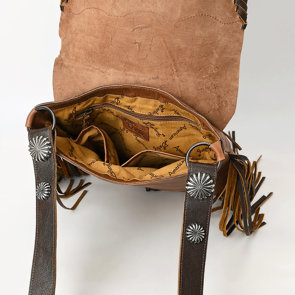 ADBGM253 Distressed Leather Fringe Messenger - Western Raw Edge Purse with Turquoise Concho