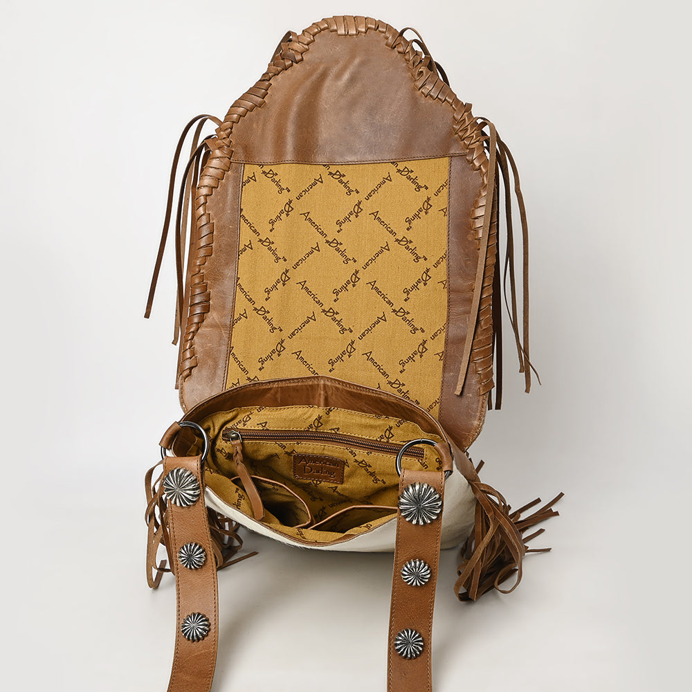ADBGM253 Cowhide Leather Fringe Messenger Bag - Turquoise Concho & Studded Western Messenger